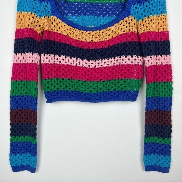 Zara women square neck crochet top size S cropped long sleeve striped multicolor - Picture 4 of 9